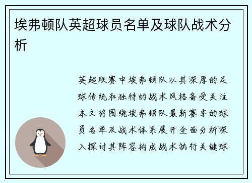 埃弗顿队英超球员名单及球队战术分析